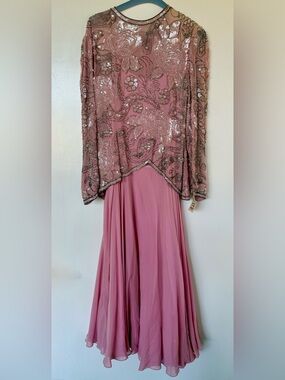Niteline Long Sleeve Beaded Sequin Two-Piece Evening Dress in Dusty Rose